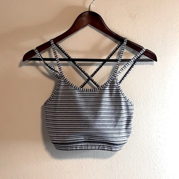 NWOT Monochrome Tiramisu Sports Bra Medium Striped Cross Back Stretchy Strappy - Picture 2 of 11